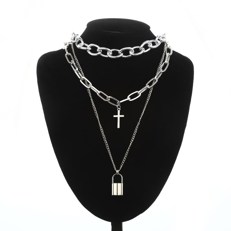 Aesthetic Chain Punk Necklace for and / Square Lock Cross Pendants / Grunge Goth Accessories