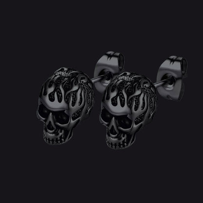 Gothic Flaming Skull Stud Earrings for