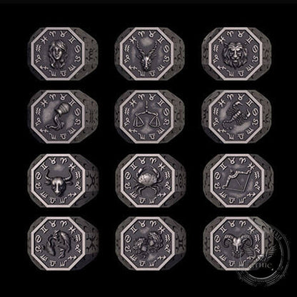 12 Constellations Zodiac Sterling Silver Octagonal Ring