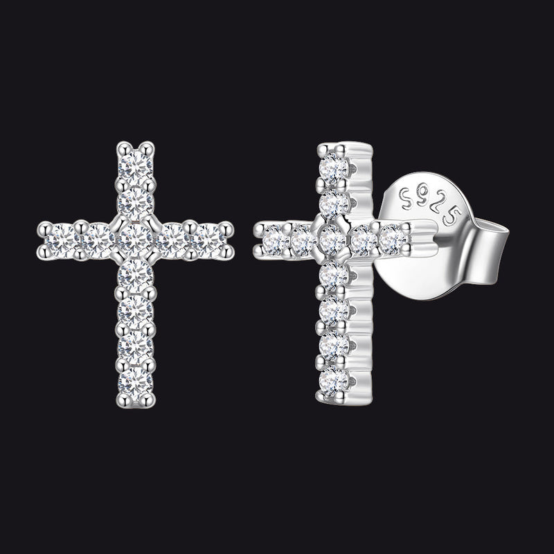 Sterling Silver Cross Stud Earrings for With Cz, Christian Jewelry 10mm