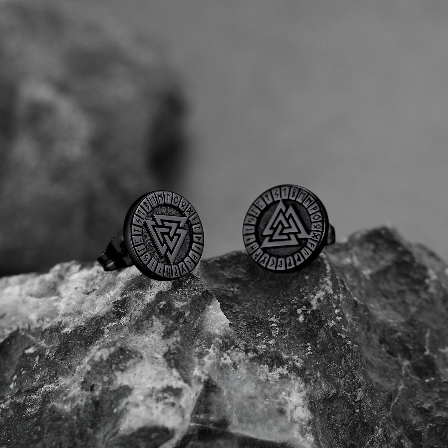Viking Valknut Black Stud Earrings for With Runes