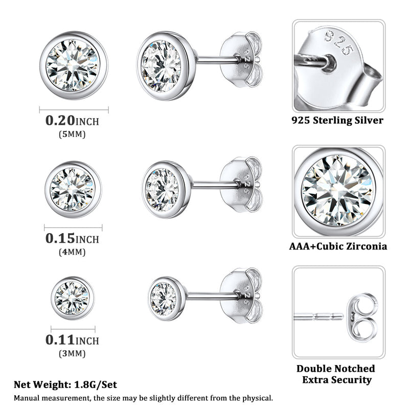 925 Sterling Silver Diamond Stud Earrings Set for 3 Pairs