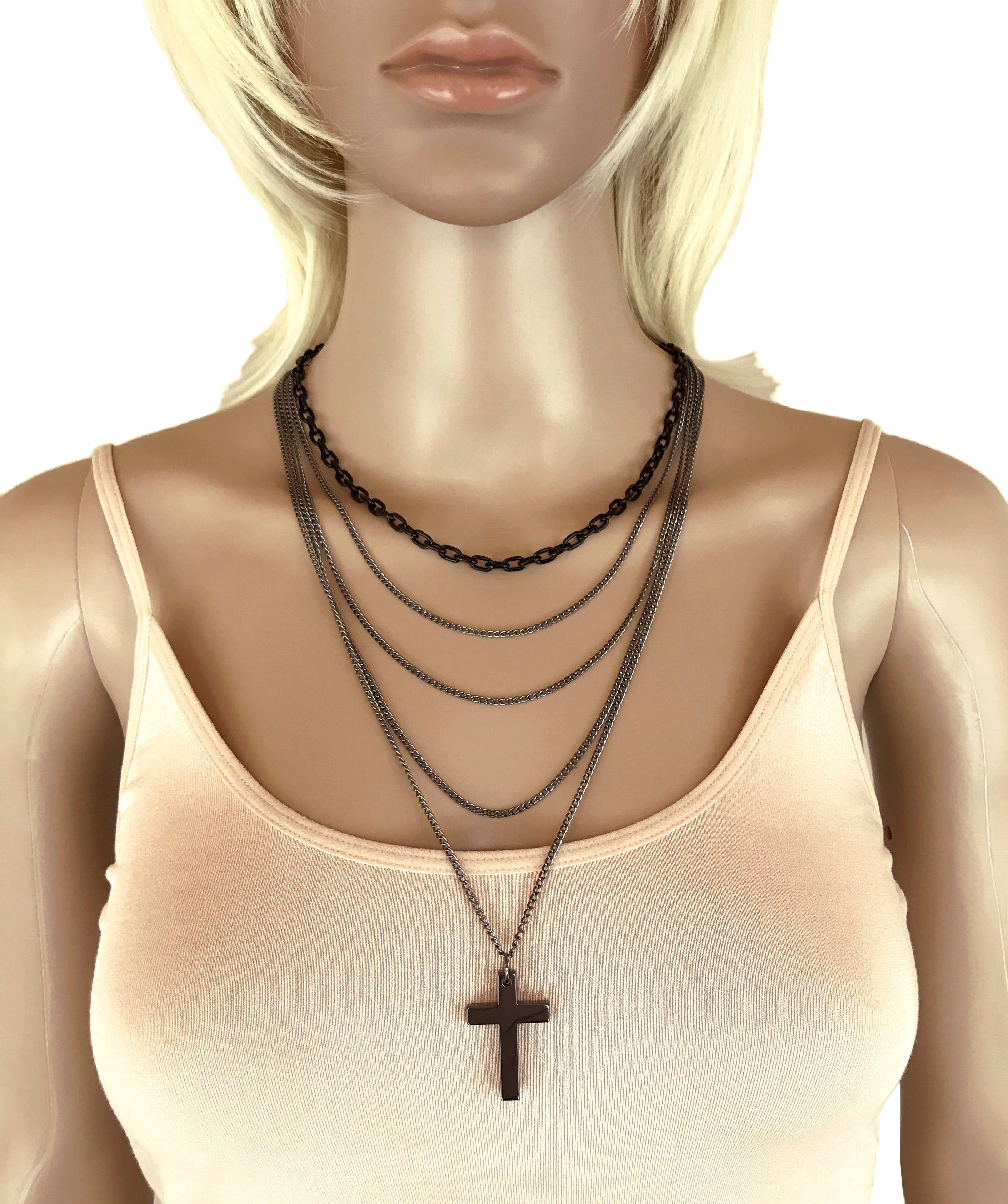 Multilayer Gothic Retro 80s Black & Gunmetal Long Chain Cross Necklace