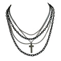Multilayer Gothic 80s Retro Black and Gunmetal Chain Necklace With Cross