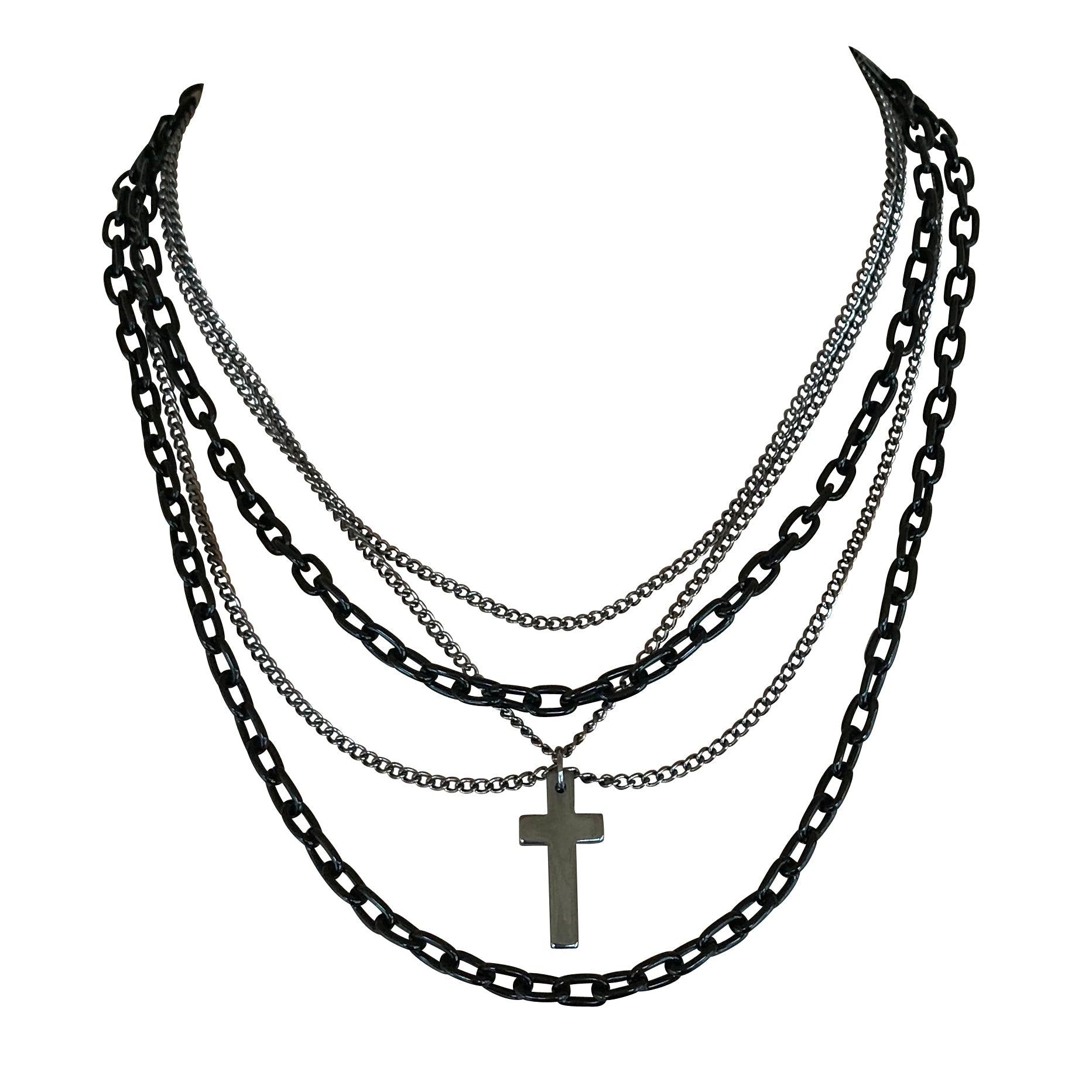Multilayer Gothic 80s Retro Black and Gunmetal Chain Necklace With Cross