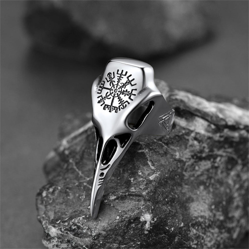 Raven Skull Ring With Viking Compass for