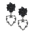 Wounded Love Earrings With Thorny Hearts and Gothic Black Roses
