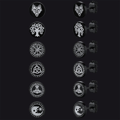 Viking Black Stud Earrings Set for 6 Pairs