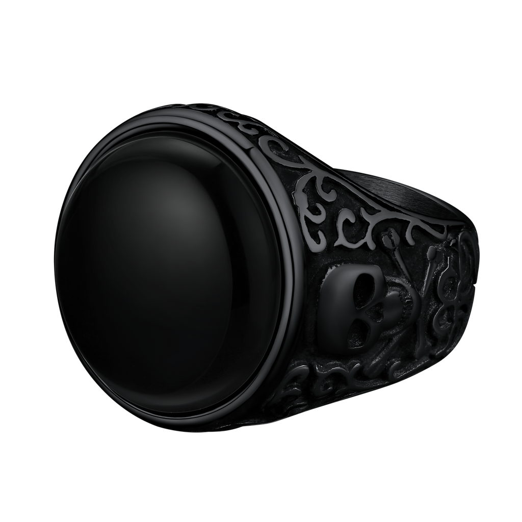 Gothic Black Onyx Signet Ring With Skull for