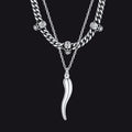 Gothic Skull Cuban Chain & Cornicello Italian Horn Layered Pendant Set for