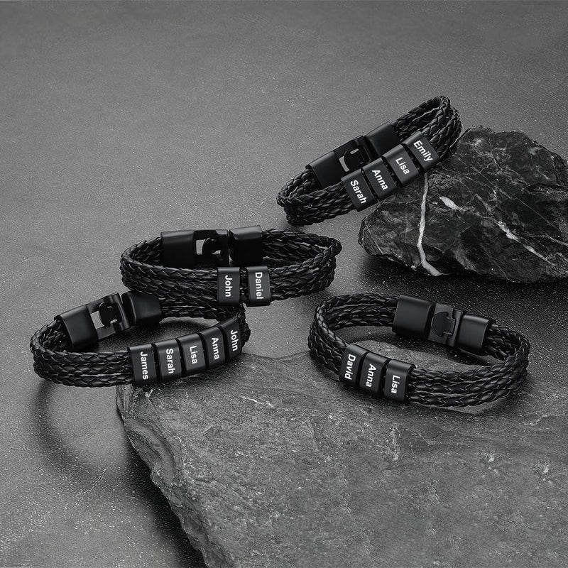 Customized Braided Leather Bracelet With Name Beads for
