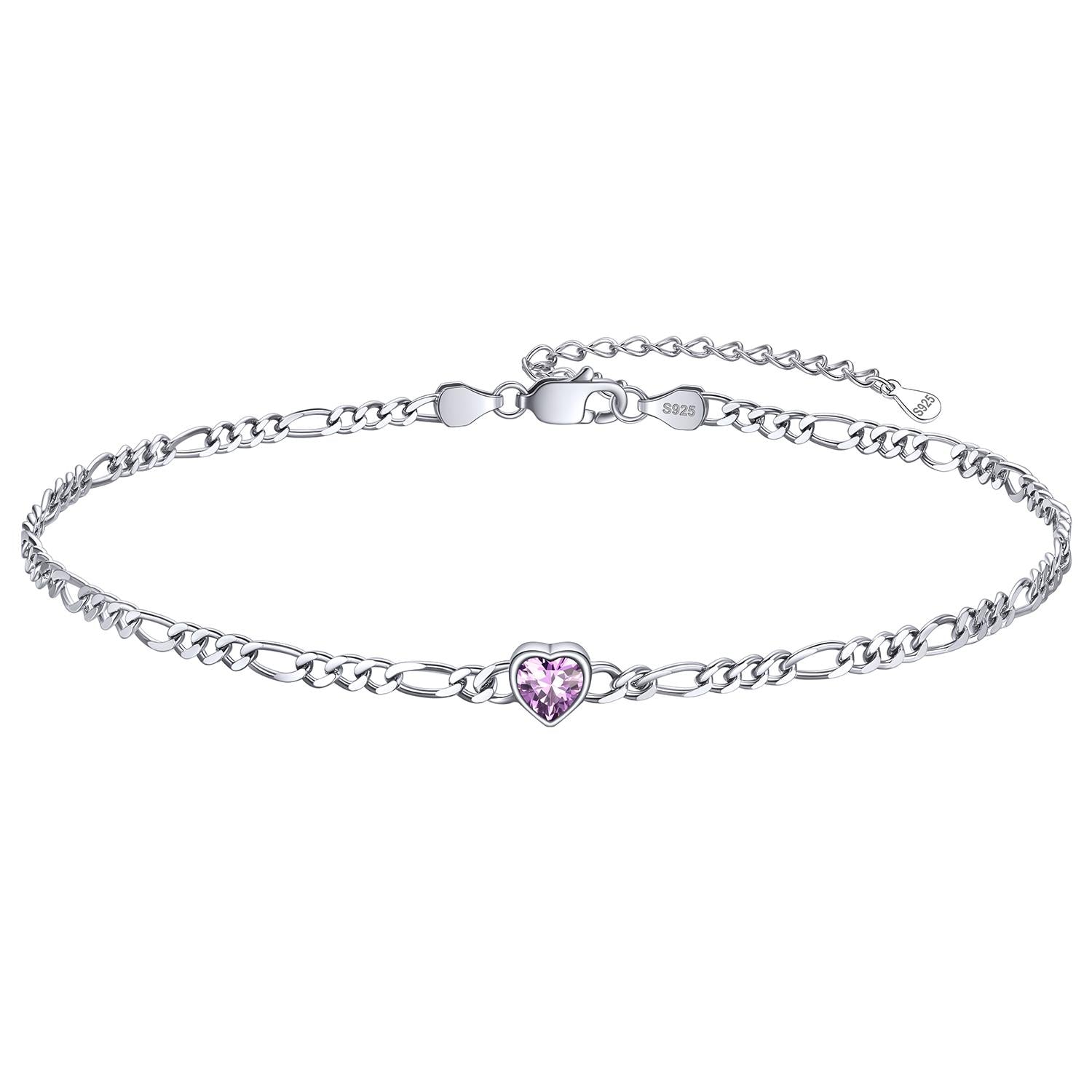 Personalized Sterling Silver Birthstone Dainty Heart Anklet for