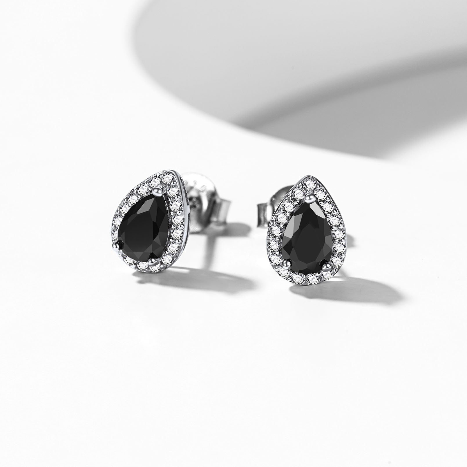 Silver Birthstone Teardrop Halo Stud Earrings for