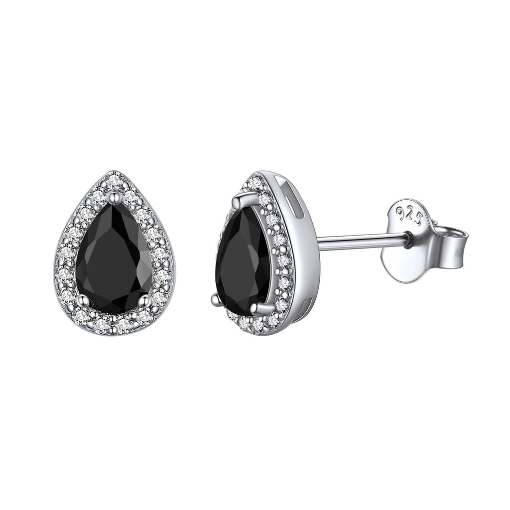 Silver Birthstone Teardrop Halo Stud Earrings for
