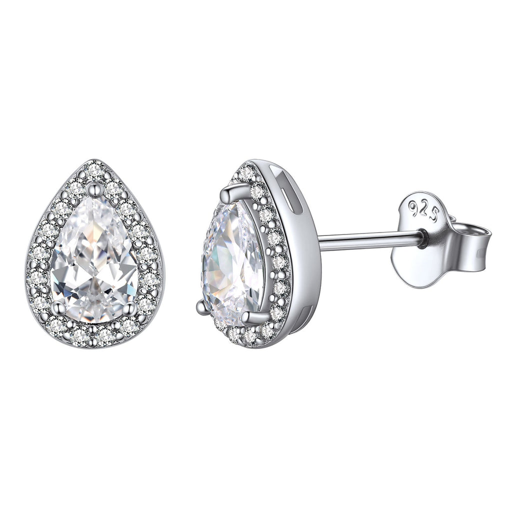 Silver Birthstone Teardrop Halo Stud Earrings for