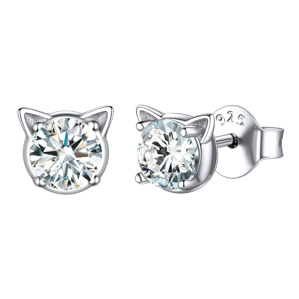 Silver Birthstone Cat Stud Earrings for Cat Lovers