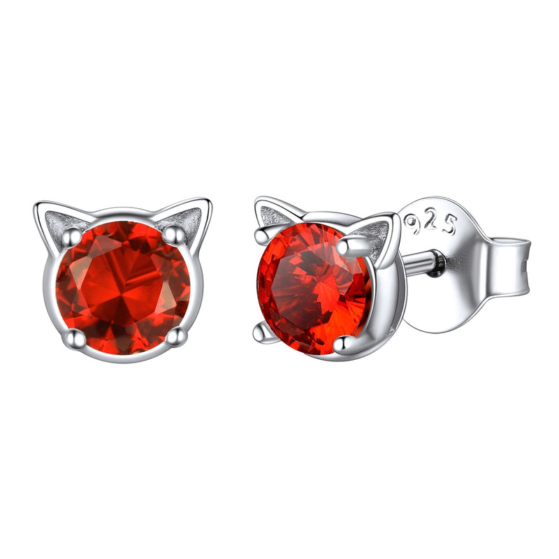 Silver Birthstone Cat Stud Earrings for Cat Lovers