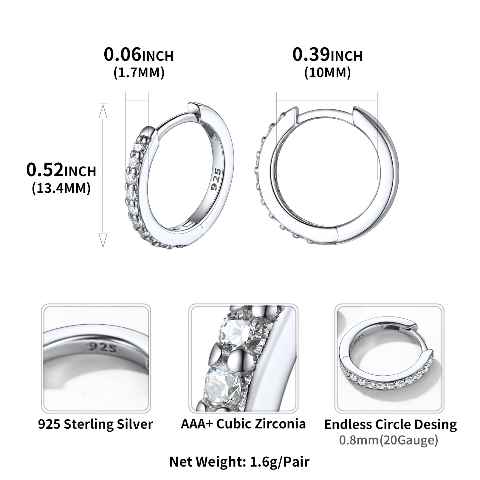 Sparkling Diamond Cartilage Huggie Hoop Earrings for in Sterling Silver