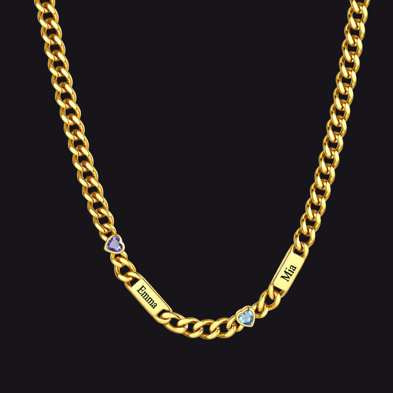 Personalized Name Cuban Chain Necklace With Heart Birthstone for Mom