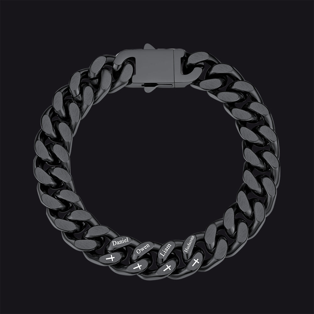 Personalized Multi Names Cuban Chain Bracelet With Cross Gift for Him , 12mm Width