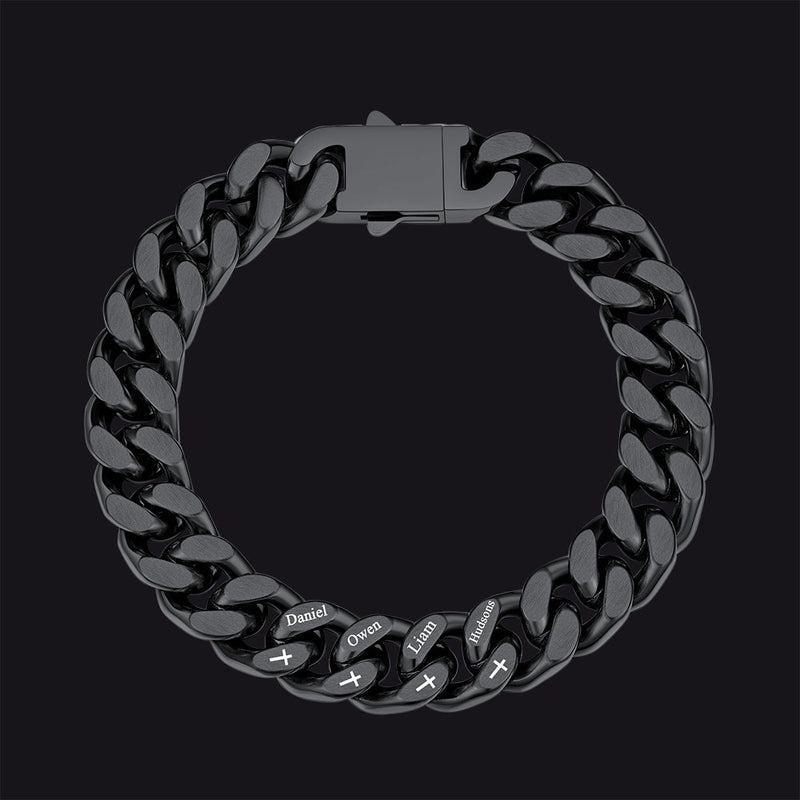 Personalized Multi Names Cuban Chain Bracelet With Cross Gift for Him , 12mm Width