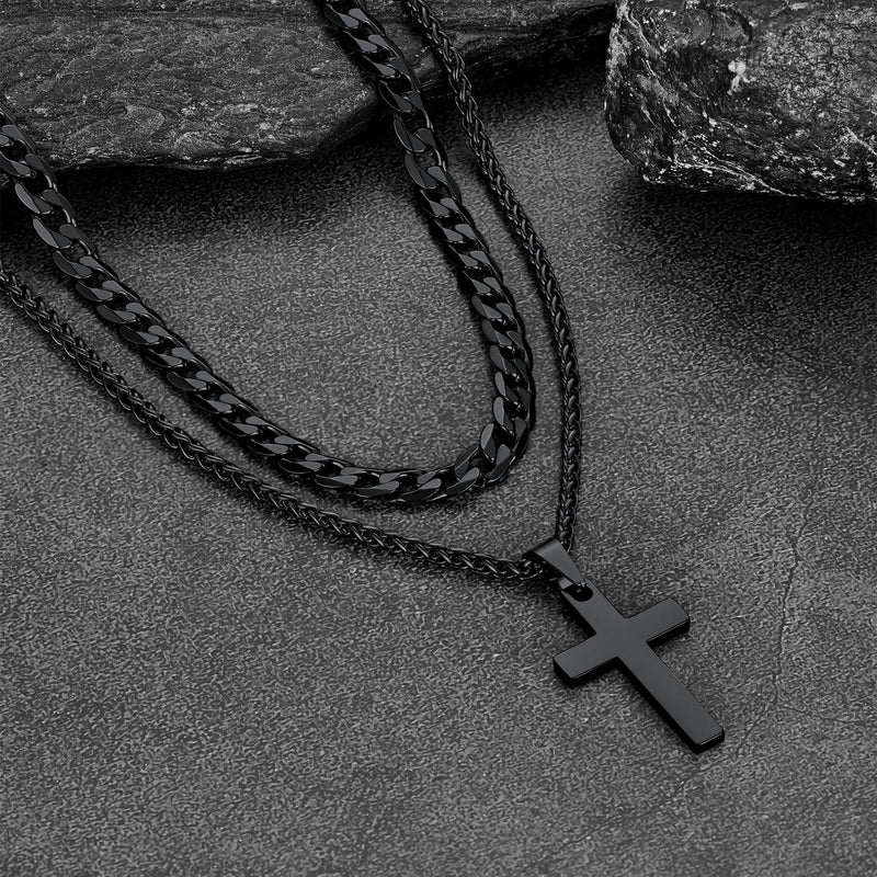 Cuban Chain & Cross Pendant Layered Necklaces Set for