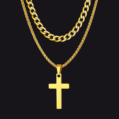 Cuban Chain & Cross Pendant Layered Necklaces Set for