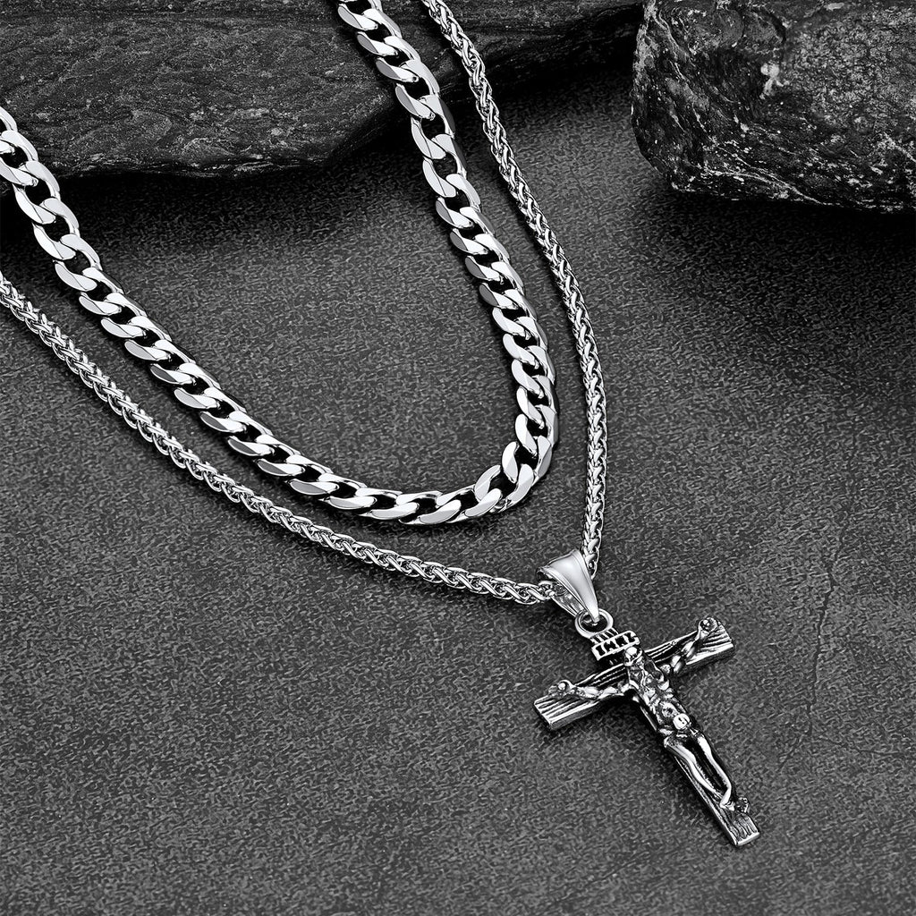 Gift for Jesus Cross & Cuban Chain Layered Necklace Set Birthday Gift