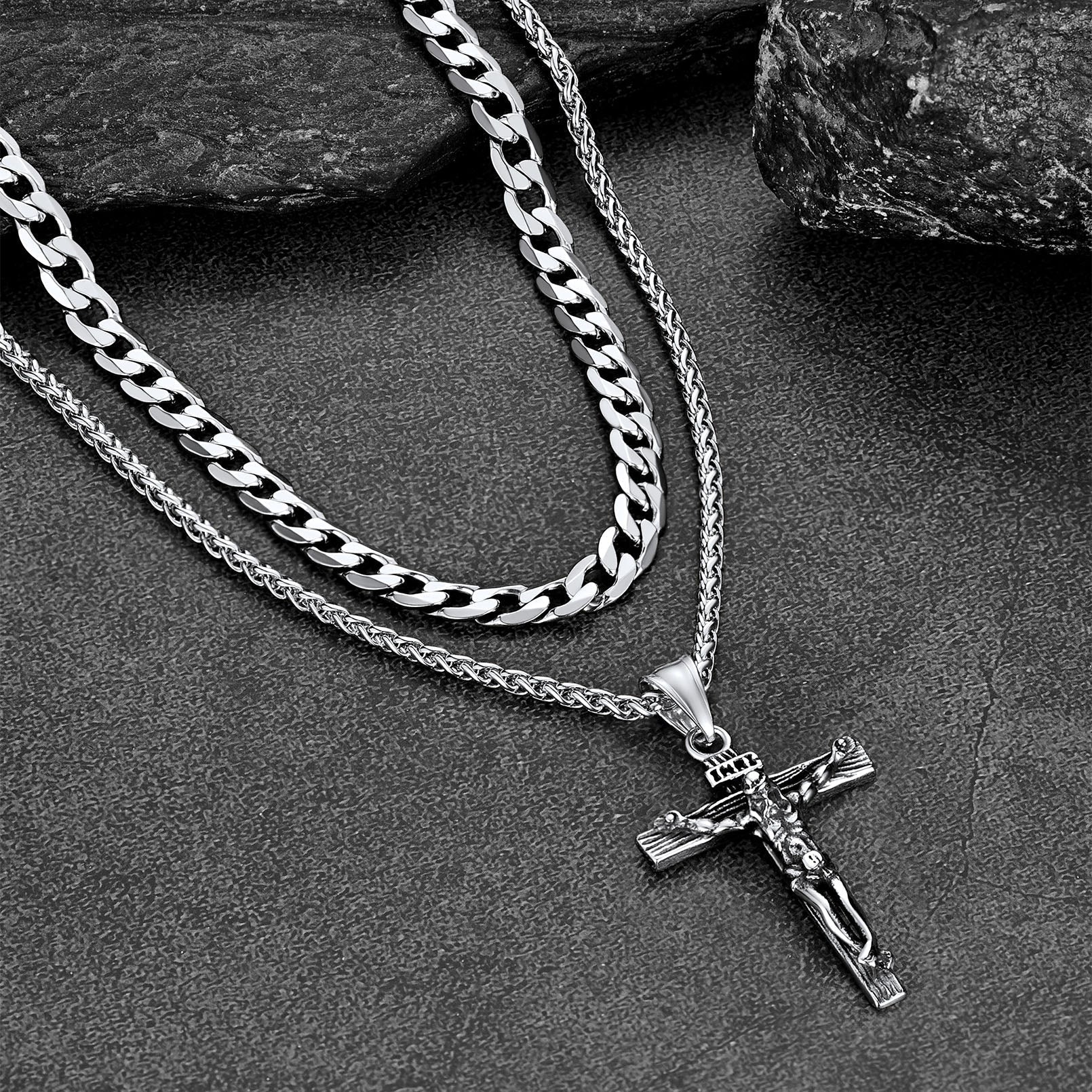 Gift for Jesus Cross & Cuban Chain Layered Necklace Set Birthday Gift
