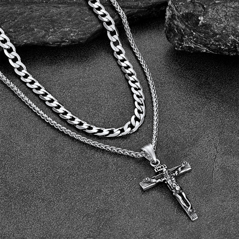 Gift for Jesus Cross & Cuban Chain Layered Necklace Set Birthday Gift