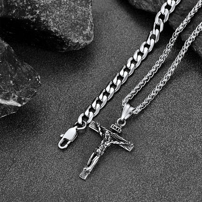 Jesus Crucifix Cross & Cuban Chain Layered Necklaces Set for