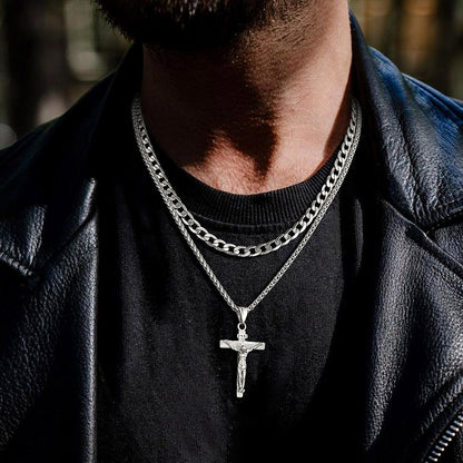 Gift for Jesus Cross & Cuban Chain Layered Necklace Set Birthday Gift
