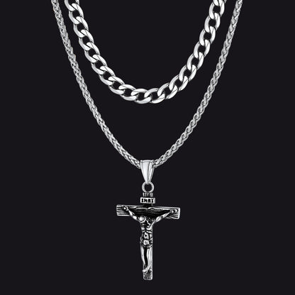 Jesus Crucifix Cross & Cuban Chain Layered Necklaces Set for