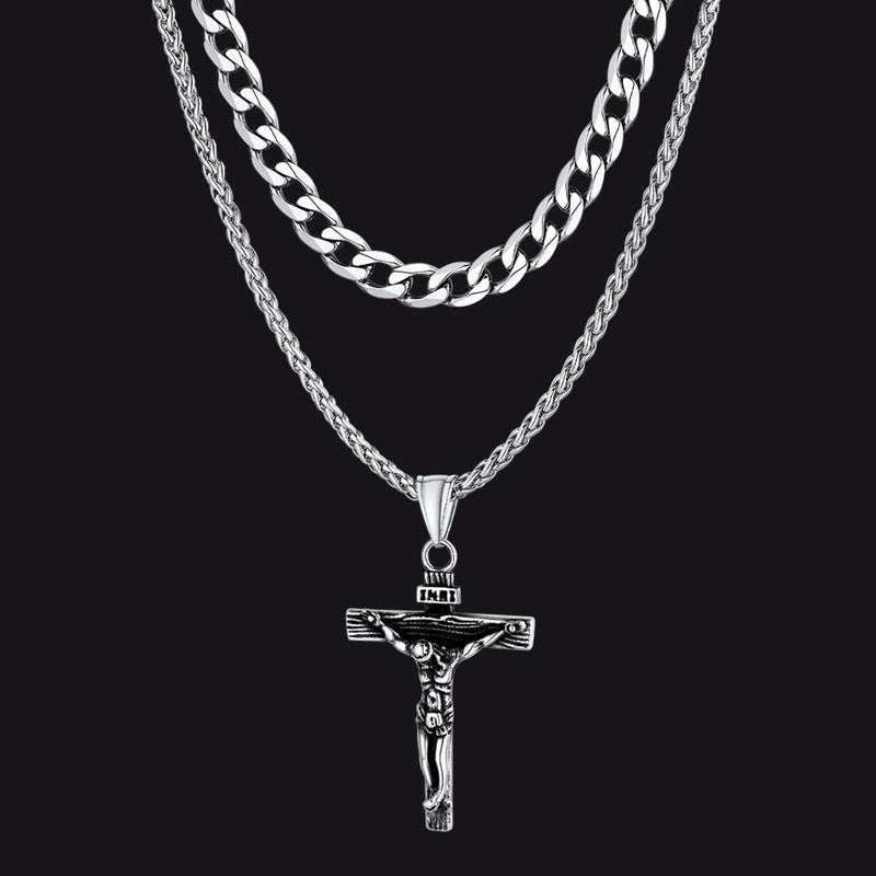Gift for Jesus Cross & Cuban Chain Layered Necklace Set Birthday Gift