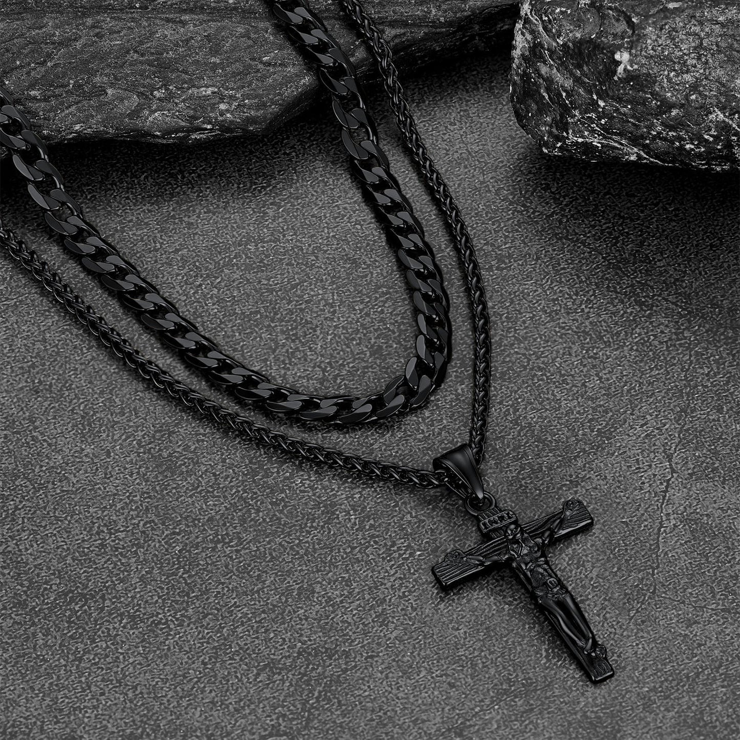 Gift for Jesus Cross & Cuban Chain Layered Necklace Set Birthday Gift