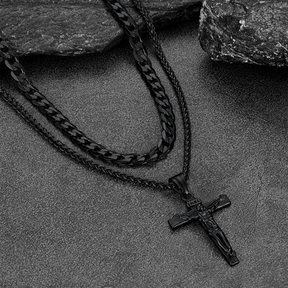 Gift for Jesus Cross & Cuban Chain Layered Necklace Set Birthday Gift