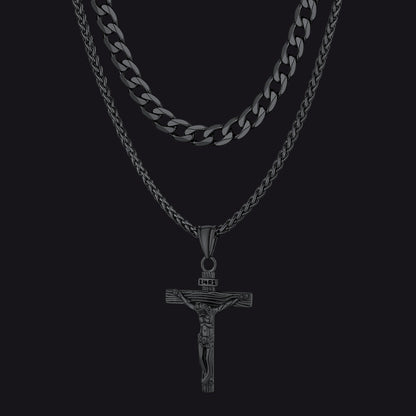 Jesus Crucifix Cross & Cuban Chain Layered Necklaces Set for