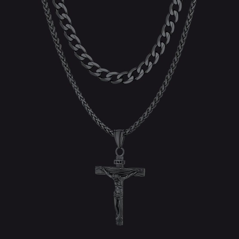 Jesus Crucifix Cross & Cuban Chain Layered Necklaces Set for