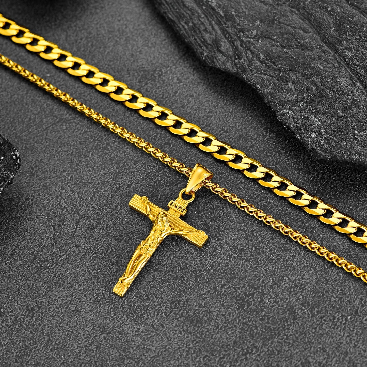 Gift for Jesus Cross & Cuban Chain Layered Necklace Set Birthday Gift