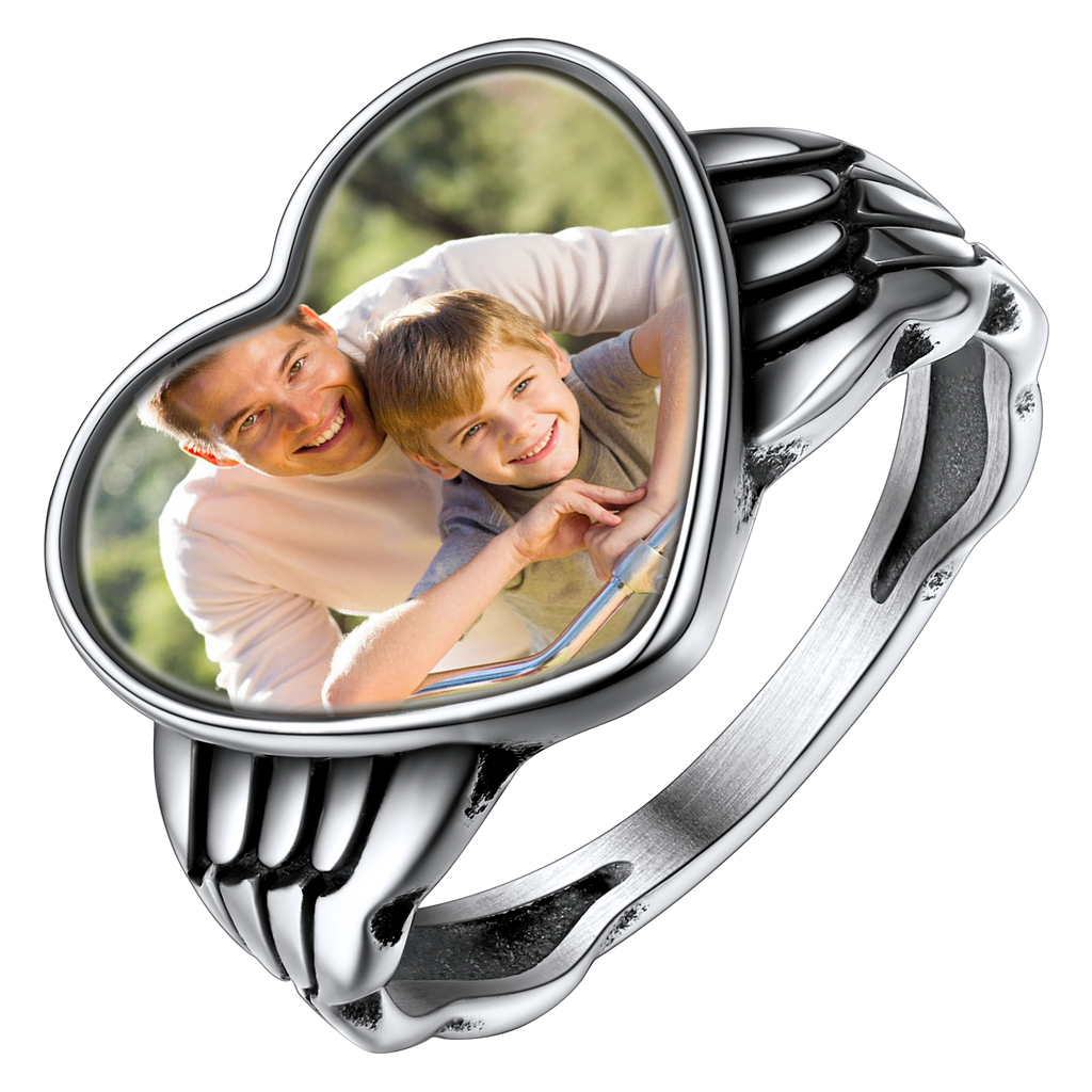 Personalized Photo Heart Angel Wing Ring With Picture for