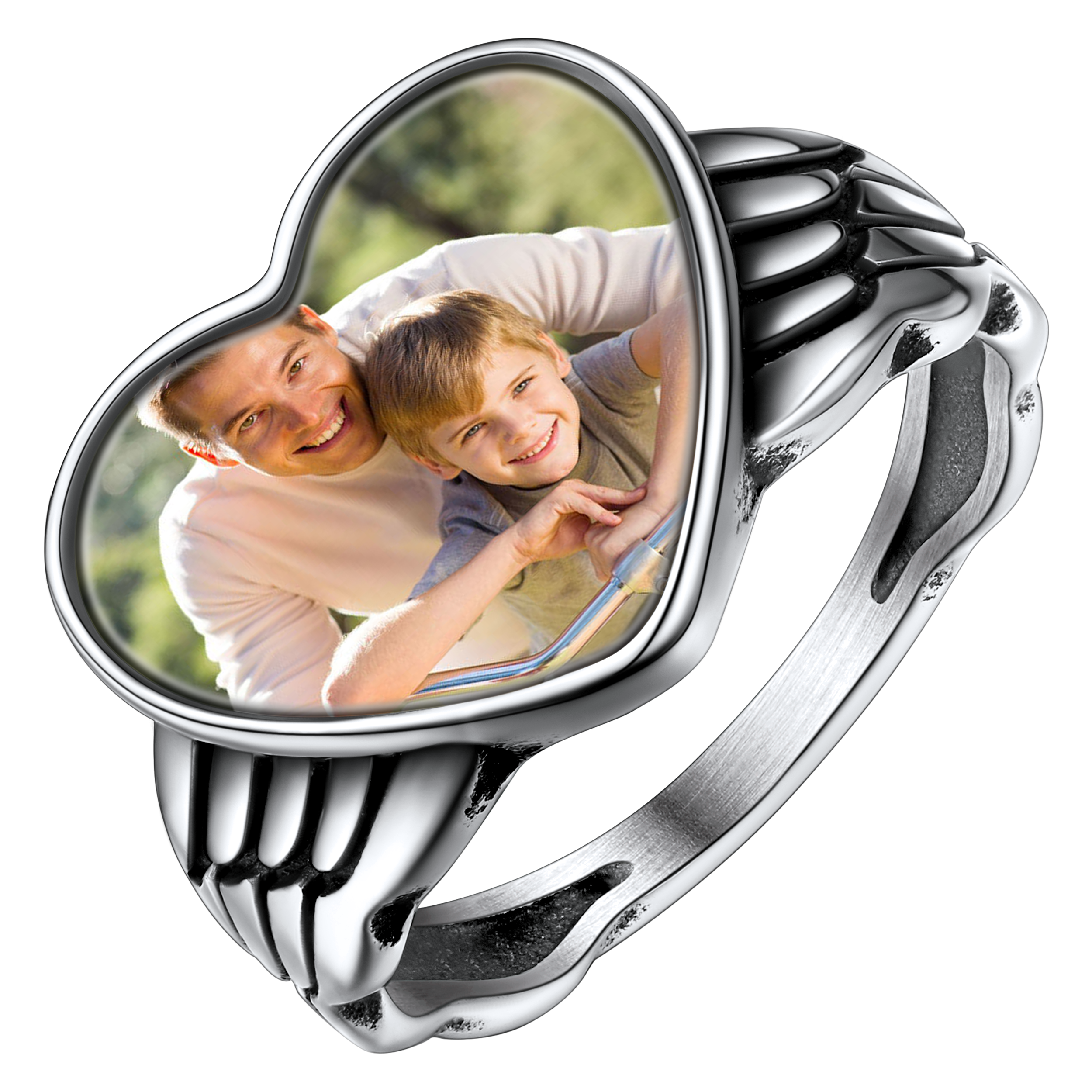 Personalized Photo Heart Angel Wing Ring With Picture for