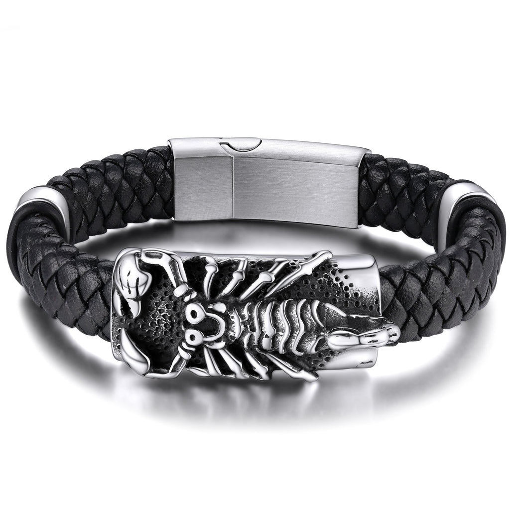 Punk Scorpion Black Braided Leather Bracelet Bangle Gift for Son Grandson