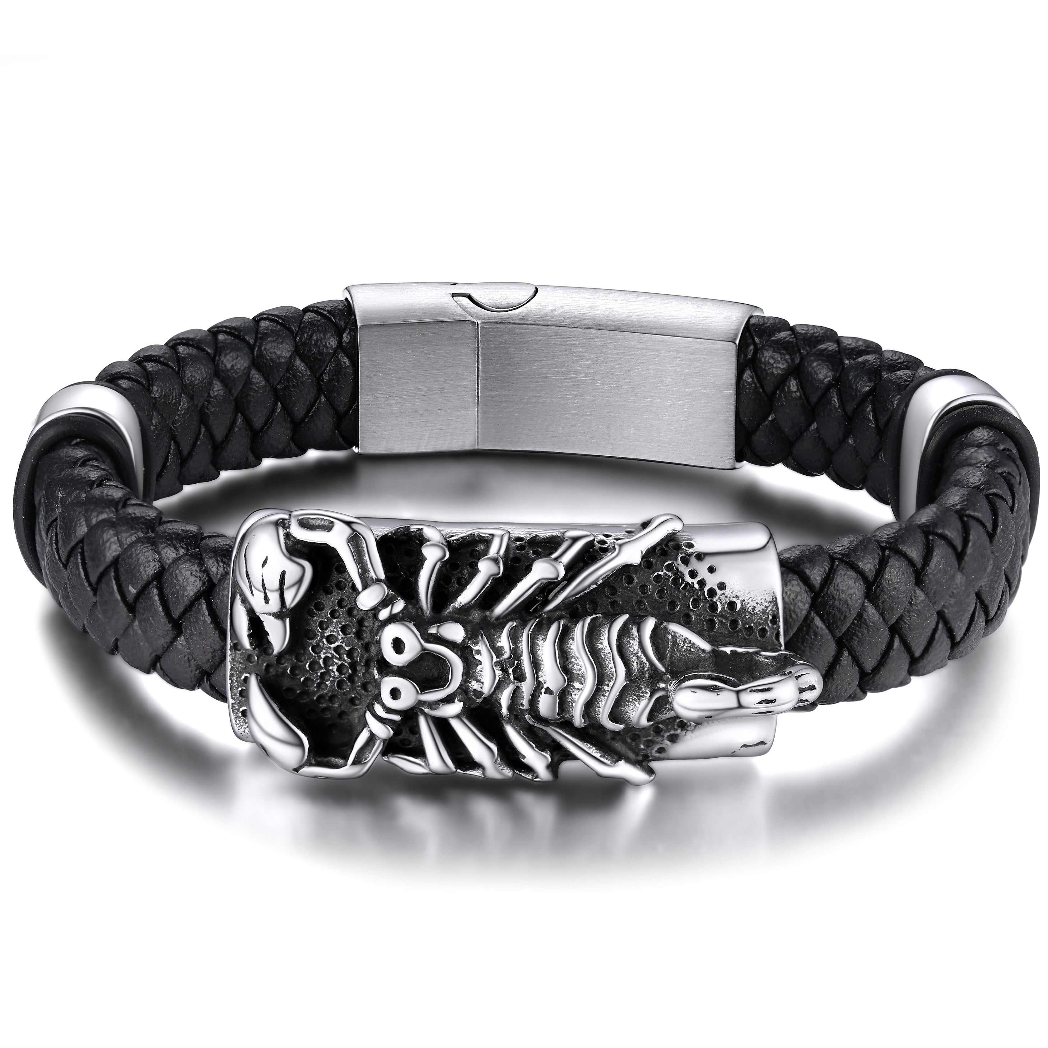 Punk Scorpion Black Braided Leather Bracelet Bangle Gift for Son Grandson