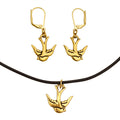 Dragonweave Swallow Bird Charm Necklace and Earring Set, Gold Plated Black Leather Choker and Leverback Earrings