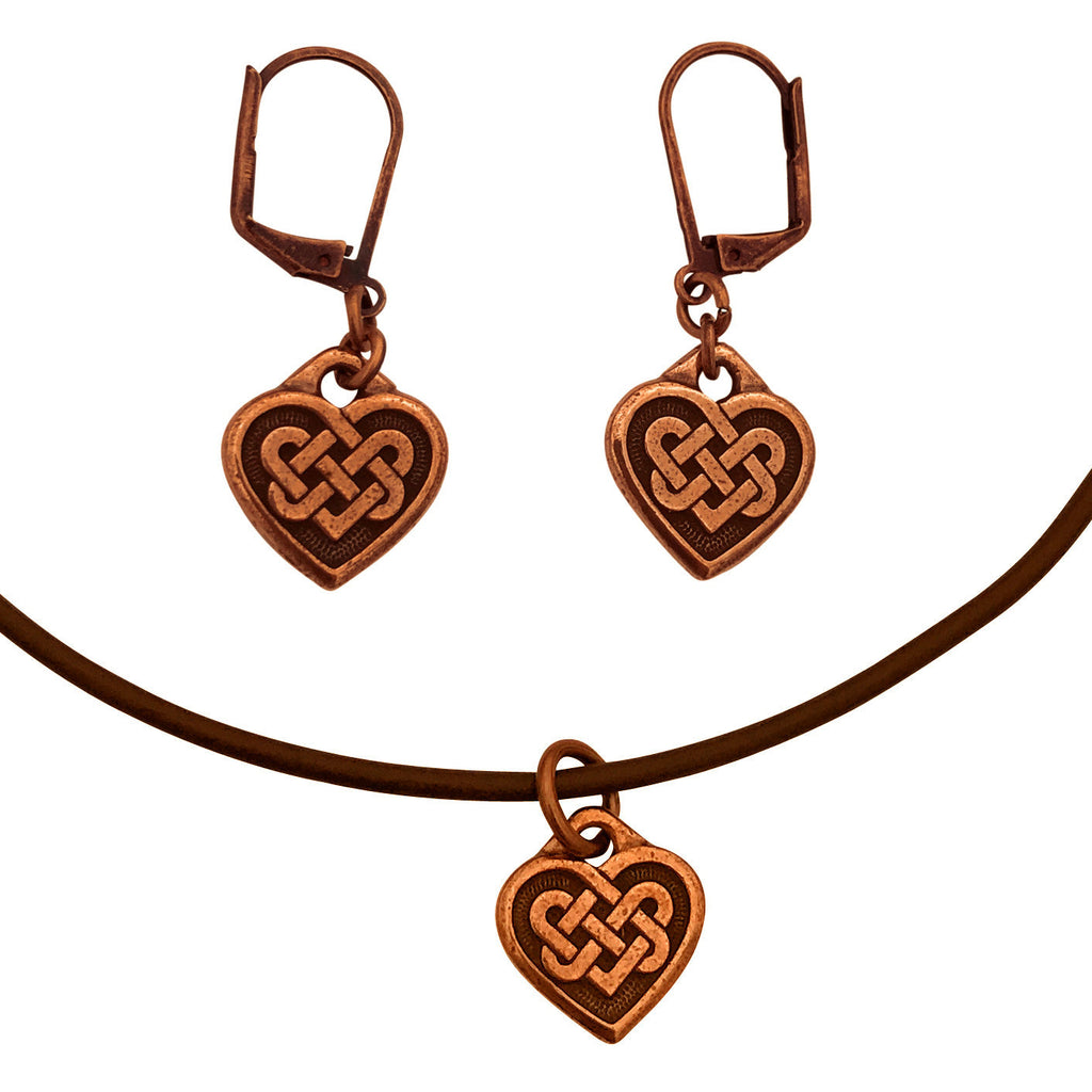 Dragonweave Celtic Heart Charm Necklace and Earring Set, Antique Copper Brown Leather Choker and Leverback Earrings