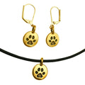 Dragonweave Paw Circle Charm Necklace and Earring Set, Gold Plated Black Leather Choker and Leverback Earrings