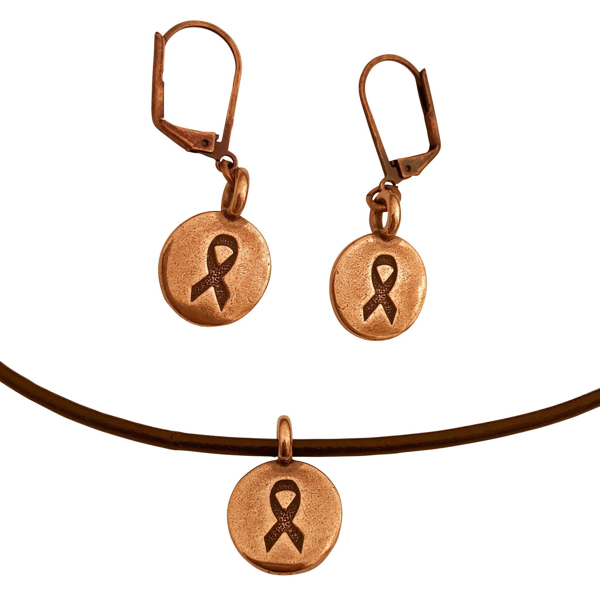 Dragonweave Ribbon Circle Charm Necklace and Earring Set, Antique Copper Brown Leather Choker and Leverback Earrings