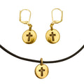Dragonweave Cross Circle Charm Necklace and Earring Set, Gold Plated Black Leather Choker and Leverback Earrings