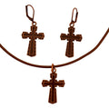 Dragonweave Dark Cross Charm Necklace and Earring Set, Antique Copper Brown Leather Choker and Leverback Earrings