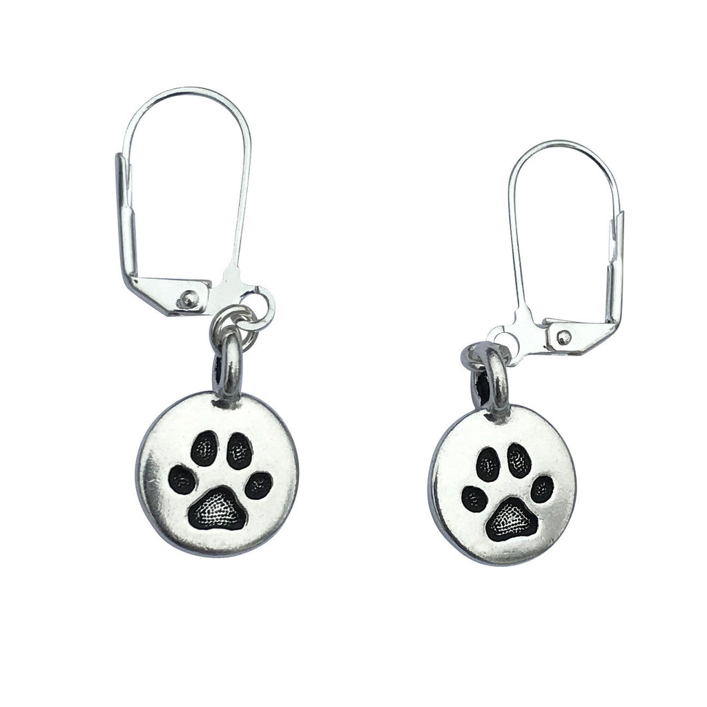 Dragonweave Paw Circle Charm Necklace and Earring Set, Silver Plated Black Leather Choker and Leverback Earrings